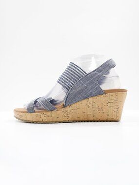 Skechers Beverlee High Tea Blue Canvas Lightweight 2.5" Wedge Heel Sandals - 8